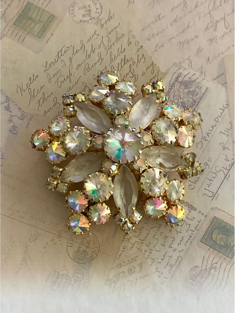 Vintage Sparkling Aurora Borealis Crystal Flower Brooch - Glam Party Pin